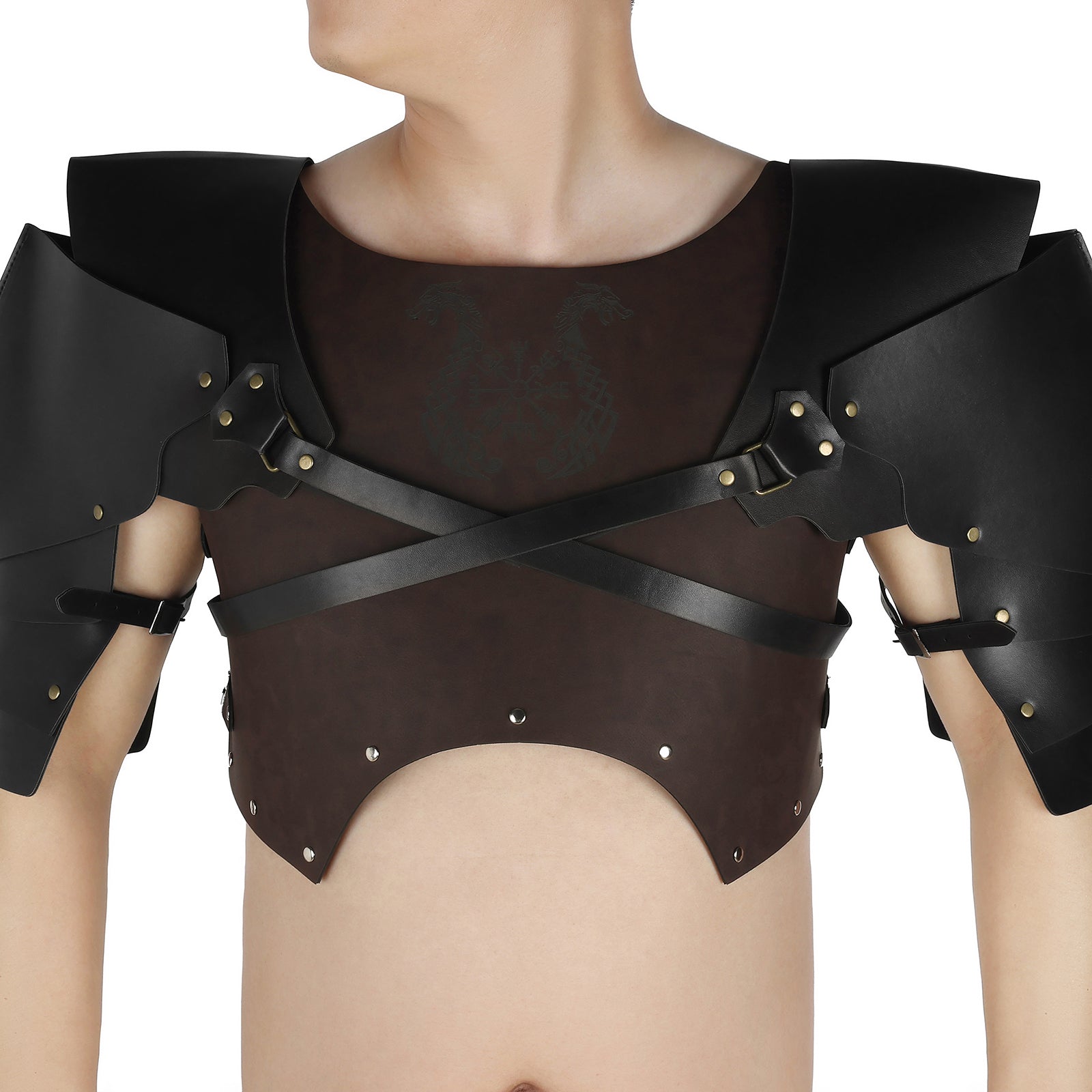 Black Leather Shoulder Armor Chest Harness Adjustable Rivet Decor