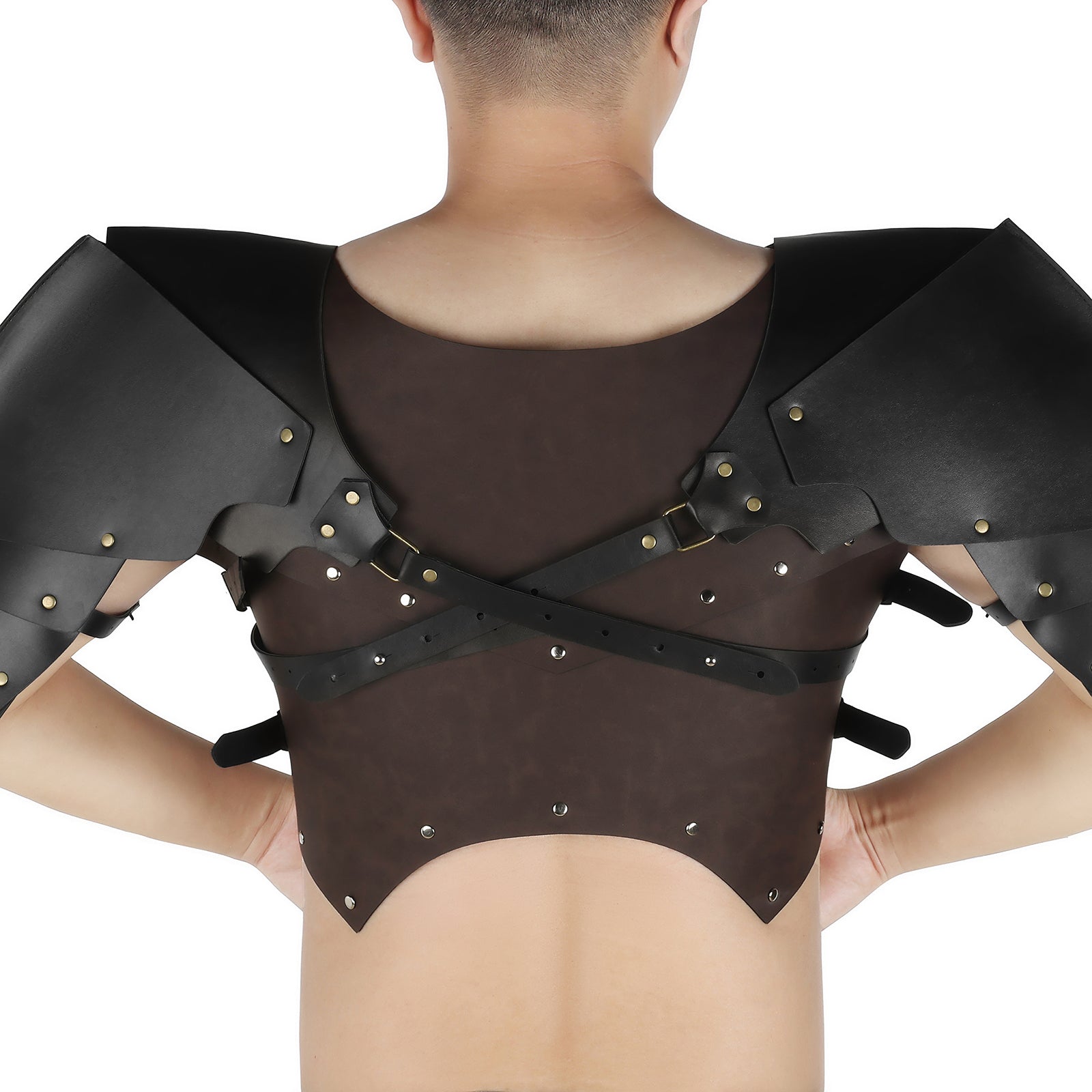 Black Leather Shoulder Armor Chest Harness Adjustable Rivet Decor