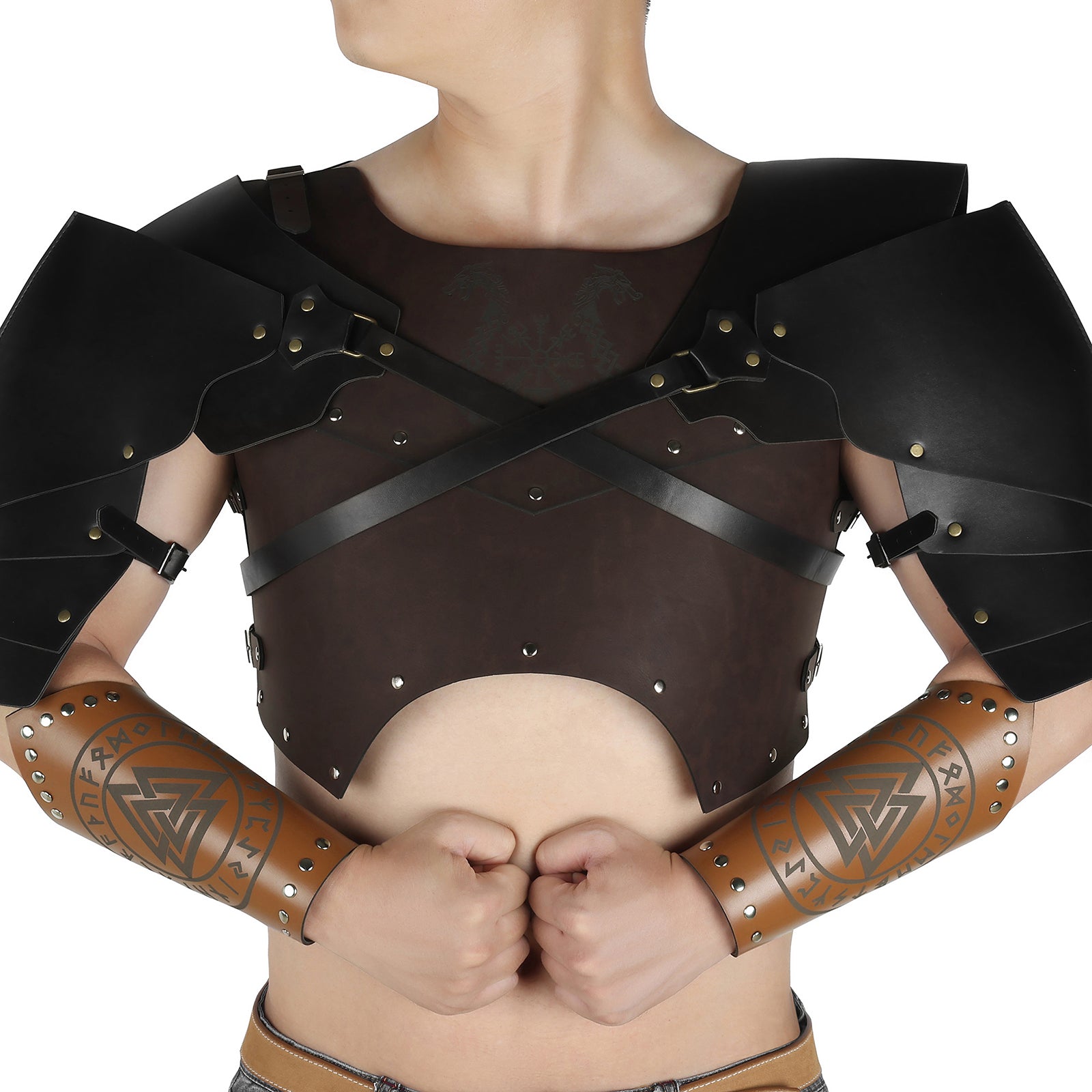 Black Leather Shoulder Armor Chest Harness Adjustable Rivet Decor