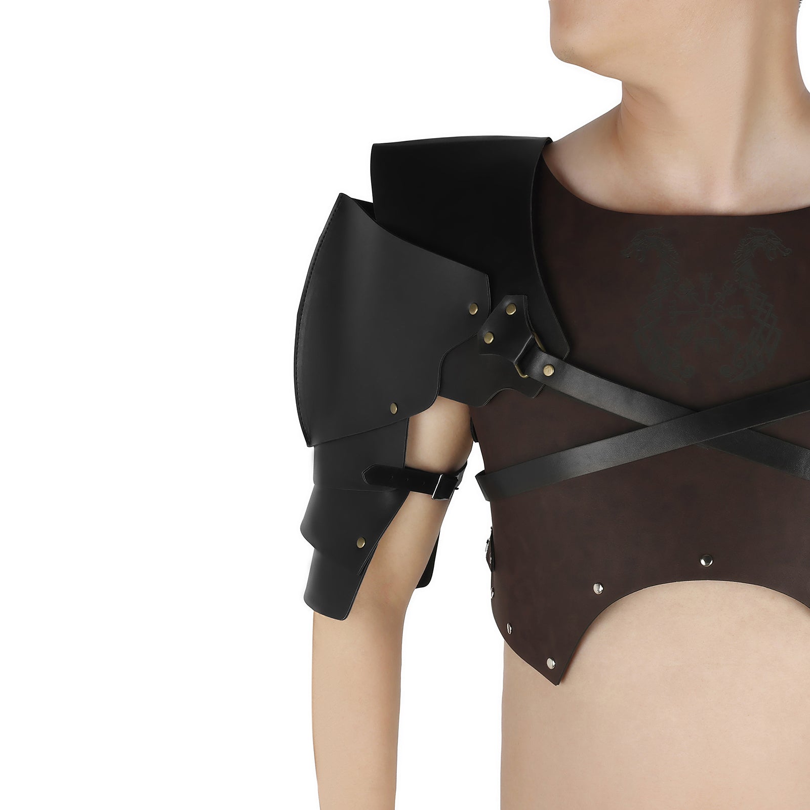 Black Leather Shoulder Armor Chest Harness Adjustable Rivet Decor